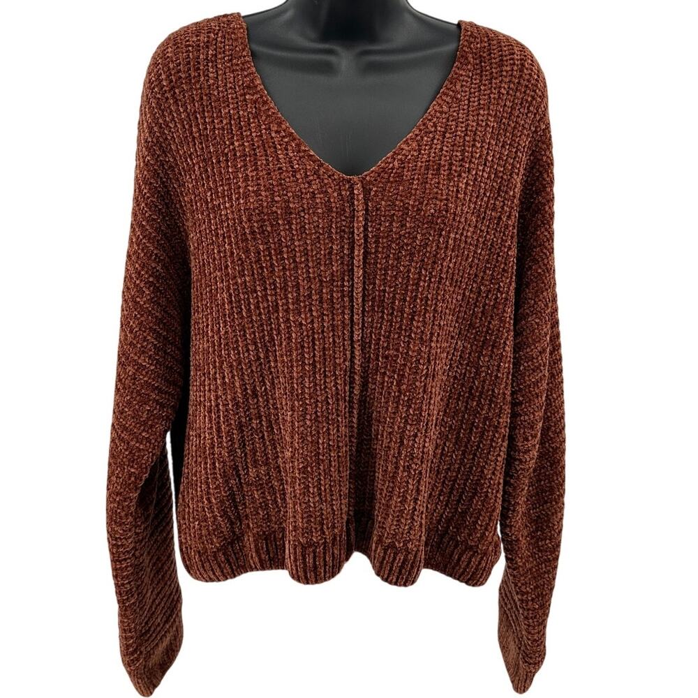 Pink Rose Sweater Womens M Rust Crushed Velvet Ribbed Knit Pullover Long Sleeves